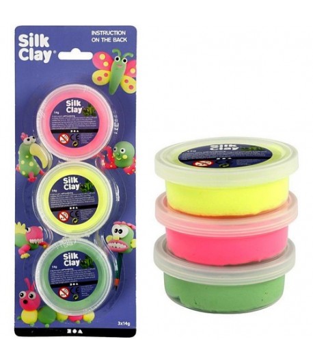 PATE A MODELER SILK CLAY X 3 - VERT/JAUNE/ROSE NEON