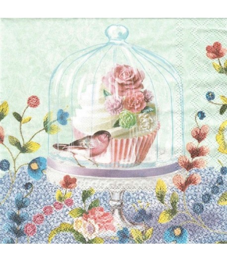 SERVIETTE OISEAU ET CUPCAKE