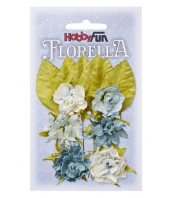 FLEURS ET FEUILLES TONS BLEU CLAIR X 6
