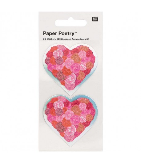 STICKERS 3D 2 COEURS FLEURS ROSE ET ROUGE
