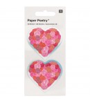 STICKERS 3D 2 COEURS FLEURS ROSE ET ROUGE
