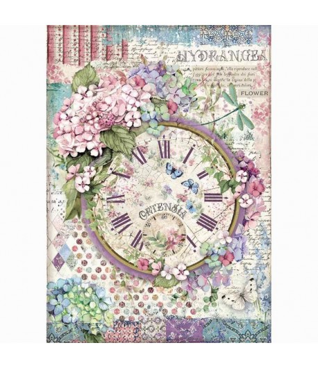 PAPIER DE RIZ A4  HORTENSIA HORLOGE - 21 X 29.7 - DFSA4468 - STAMPERIA