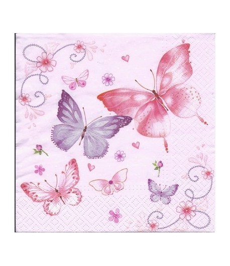 SERVIETTE PAPILLONS MAUVES/ROSES