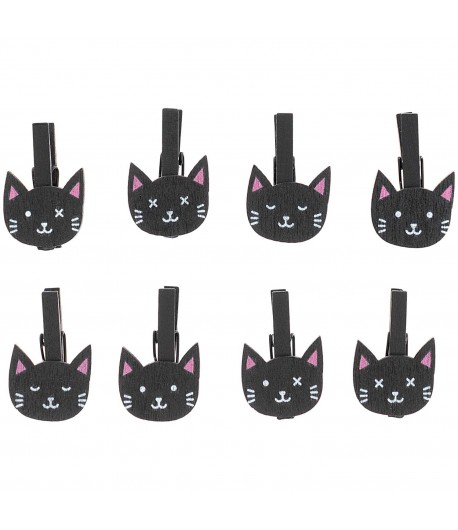 PINCES A LINGE TETES DE CHATS NOIRS EN BOIS X8