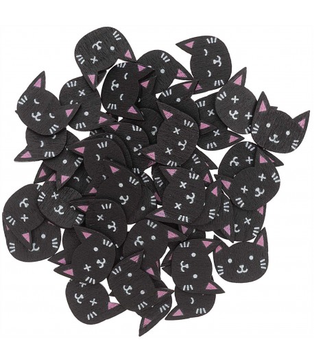 CONFETTIS EN BOIS TETES DE CHATS NOIRS X48