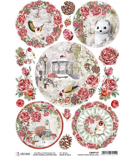 PAPIER DE RIZ FROZEN ROSES MEDALLIONS 21 X 29.7CM CBRP137