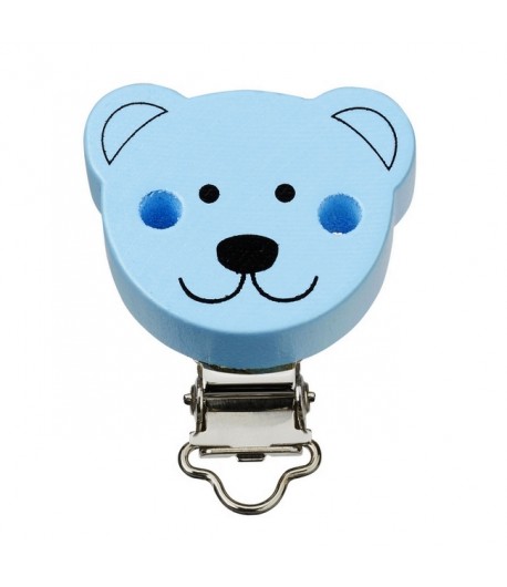 ATTACHE TETINE BOIS OURSON - BLEU