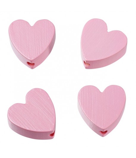 4 PERLES COEUR EN BOIS 20 MM - ROSE