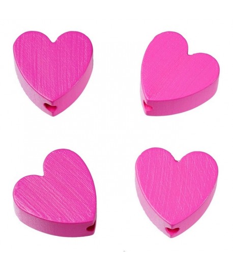 4 PERLES COEUR EN BOIS 20 MM - FUCHSIA
