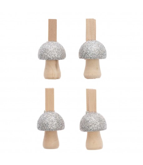 PINCES A LINGE EN BOIS CHAMPIGNONS ARGENT  X4