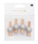 PINCES A LINGE EN BOIS CHAMPIGNONS ARGENT  X4