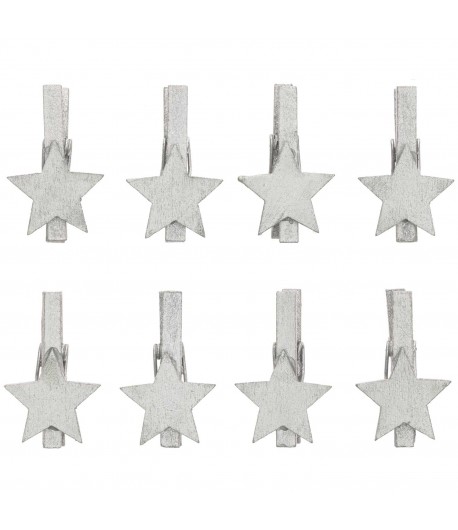 PINCES ETOILES ARGENT EN BOIS X8