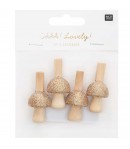 PINCES CHAMPIGNONS OR PAILLETE EN BOIS X4