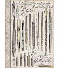 PAPIER DE RIZ A4 CALLIGRAPHY VINTAGE PENS -  21 X 29.7 - DFSA4525 - STAMPERIA