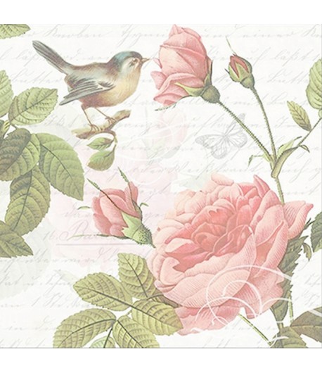 SERVIETTE ROSES ET OISEAU