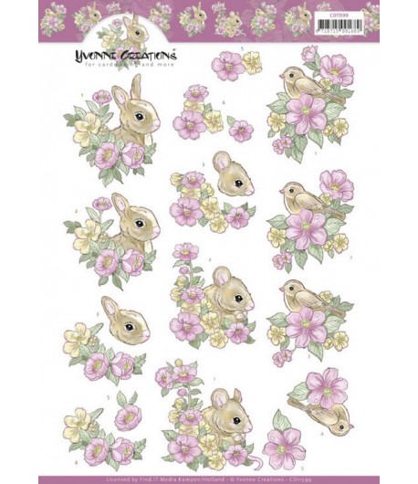 FEUILLE 3D FLEURS ROSES ET ANIMAUX - CD11599