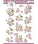 FEUILLE 3D FLEURS ROSES ET ANIMAUX - CD11599