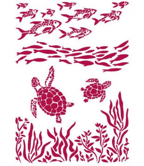 POCHOIR ROMANTIC SEA POISSONS ET TORTUES 21X29.7CM KSG460