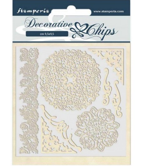 FORMES CARTON DECORATIVE CHIPS LACETS ET COINS 14X14CM - SCB43