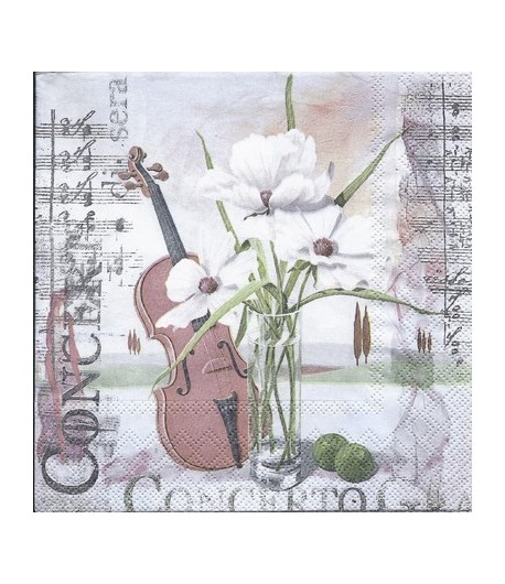 SERVIETTE VIOLON ET FLEURS BLANCHES