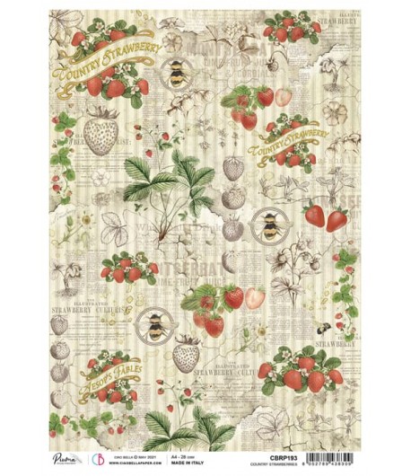 PAPIER DE RIZ A4 COUNTRY STRAWBERRIES 21 X 29.7CM CBRP193