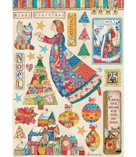 PAPIER DE RIZ A4 CHRISTMAS PATCHWORK ELEMENTS  21X29.7 - DFSA4587 - STAMPERIA