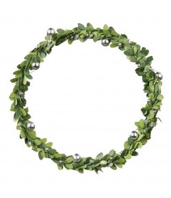 COURONNE DE FEUILLES BUIS ET PERLES PLASTIQUE 12CM