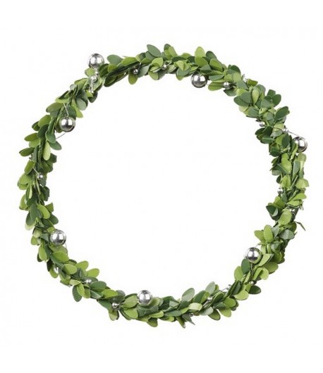 COURONNE DE FEUILLES BUIS ET PERLES PLASTIQUE 12CM