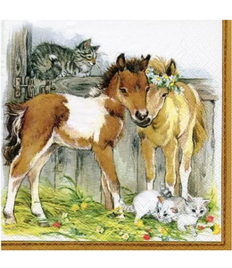 SERVIETTE POULAINS ET CHATS