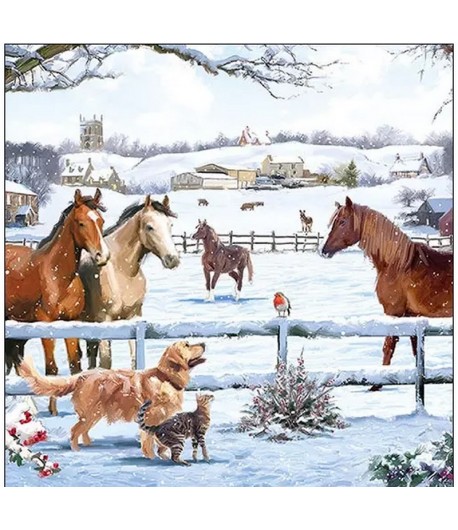SERVIETTE COCKTAIL CHEVAUX ET ANIMAUX DANS LA NEIGE