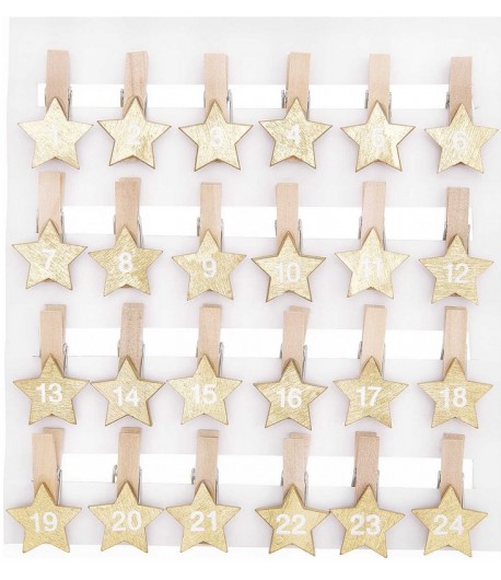 PINCES AVEC ETOILES CHIFFRES CALENDRIER DE L AVENT OR BOIS