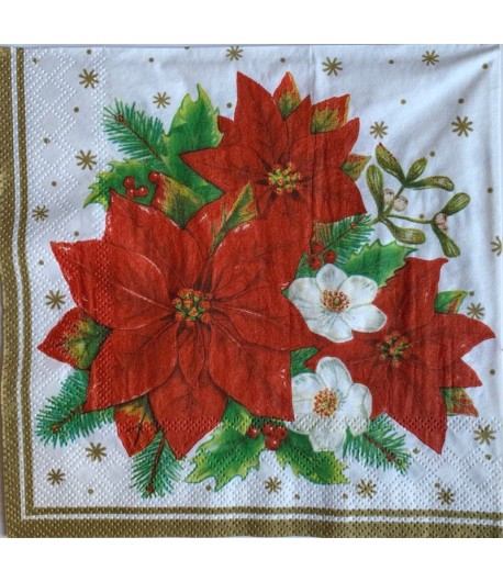 SERVIETTE POINSETTIAS ET ROSES DE NOEL