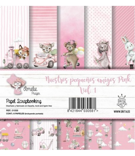 BLOC 6 FEUILLES NUESTROS PEQUENO AMIGOS PINK AMELIE 30X30CM OR01058
