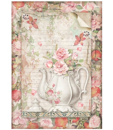 PAPIER DE RIZ A4 CASA GRANADA - TEAPOT WITH FLOWERS 21X29.7 - DFSA4659 - STAMPERIA