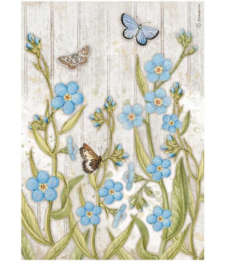 PAPIER DE RIZ A4 GARDEN HOUSE - BLUE FLOWERS AND BUTTERFLY 21X29.7 - DFSA4667 - STAMPERIA