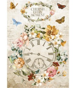 PAPIER DE RIZ A4 GARDEN OF PROMISES - CHERISH EVERY MOMENT CLOCK 21X29.7 - DFSA4689 - STAMPERIA