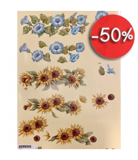 FEUILLE 3D TOURNESOLS ET FLEURS BLEUES