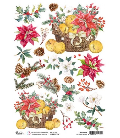 PAPIER DE RIZ A4 HOLLY AND APPLES 21 X 29.7 CM CIAO BELLA CBRP269