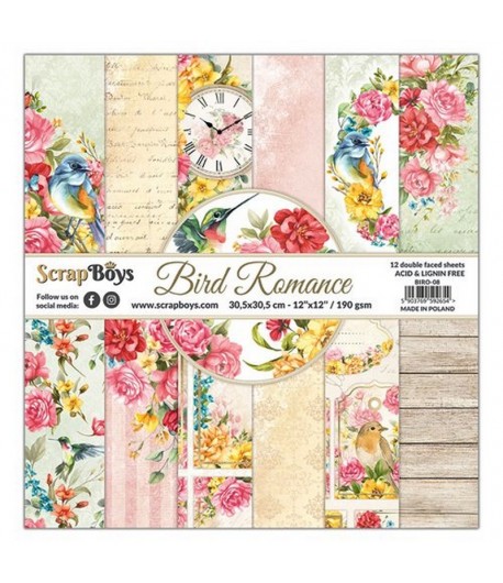 BLOC 12 FEUILLES 30.5 X 30.5 CM -  BIRD ROMANCE