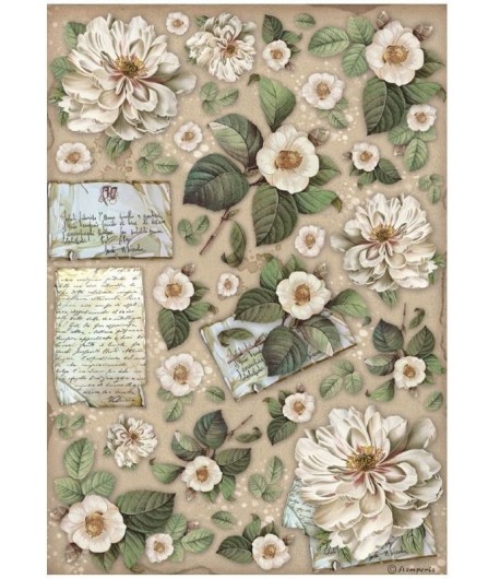 PAPIER DE RIZ A4 - VINTAGE LIBRARY FLOWERS AND LETTERS 21X29.7 - DFSA4757 - STAMPERIA