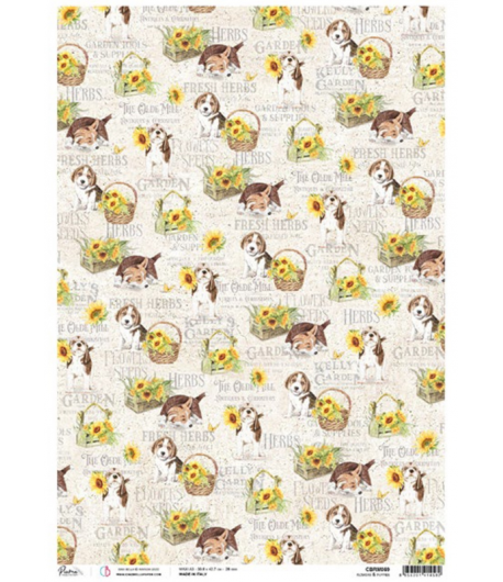 PAPIER DE RIZ A3 FLOWERS AND PUPPIES 30.6 X 42.7CM CBRM069 CIAO BELLA