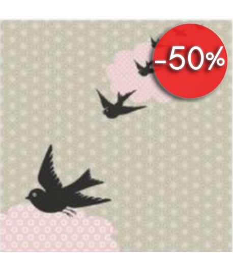 SERVIETTE OISEAUX FOND GRIS/ROSE