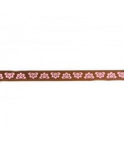 RUBAN MARRON FLEURS ROSES 0.9 CM - 1 METRE