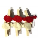PINCES A LINGE AVEC OISEAUX BLANC ET ROUGE EN FEUTRINE
