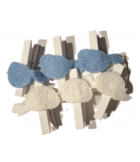 6 PINCES A LINGE AVEC OISEAUX BLANC ET BLEU EN FEUTRINE