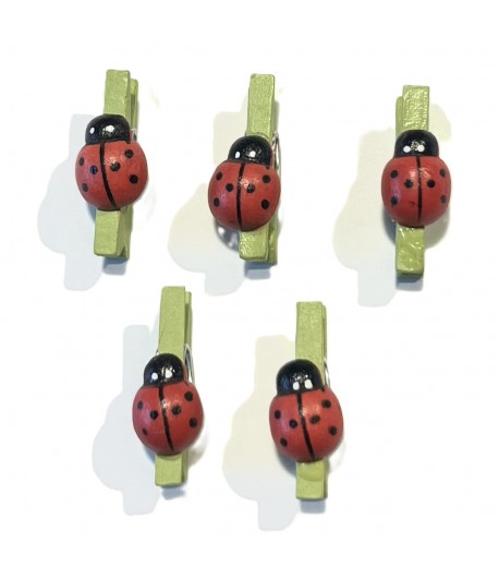 5 MINI PINCES A LINGE VERTES AVEC COCCINELLE 0.3X2.5CM