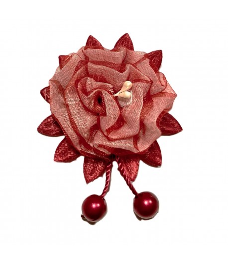 FLEUR EN TISSU AVEC PERLES - ROUGE 5X7.5CM