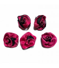 5 FLEURS EN TISSU - FUSCHIA ET NOIR 3.5CM
