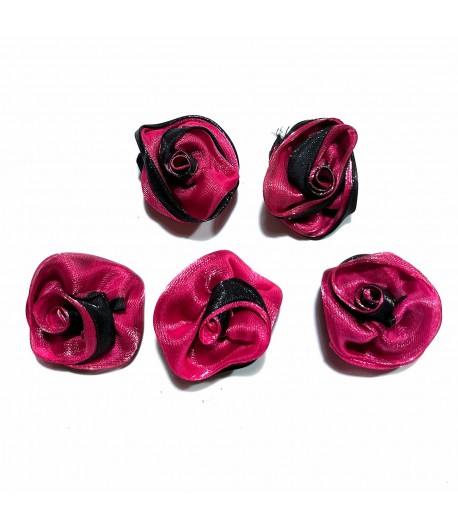 5 FLEURS EN TISSU - FUSCHIA ET NOIR 3.5CM
