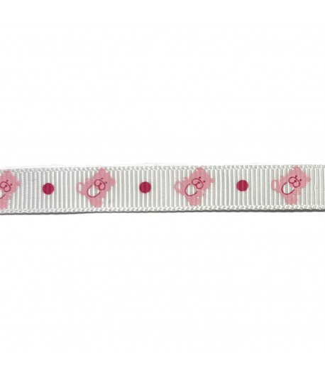 RUBAN BLANC OURSON ROSE 1CM - 1 METRE